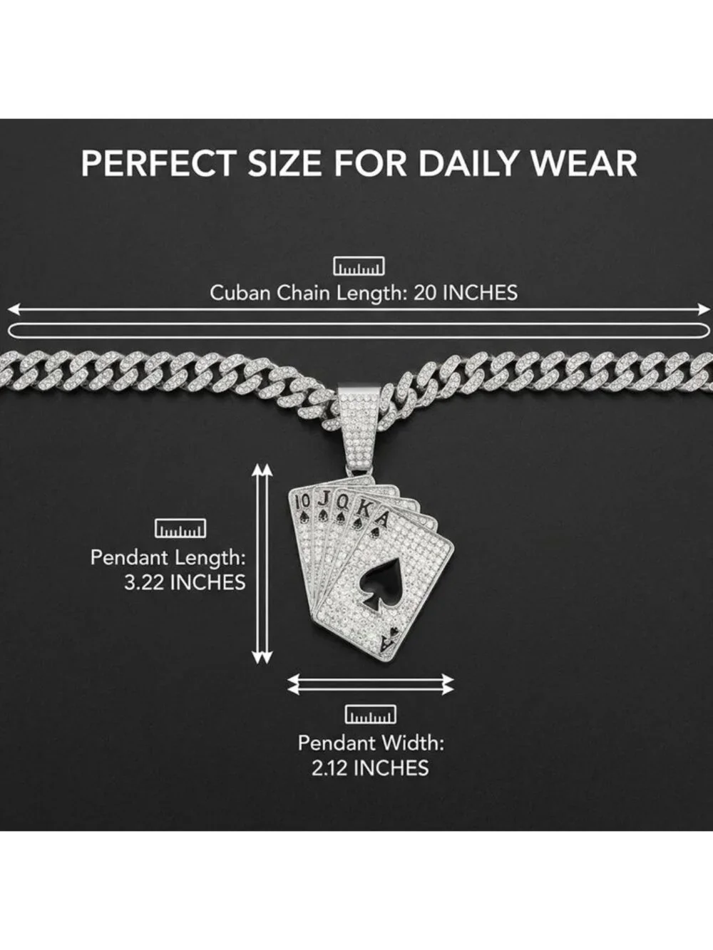 Iced Out Cuban Link Chain Necklace with Royal Flush Pendant, 20